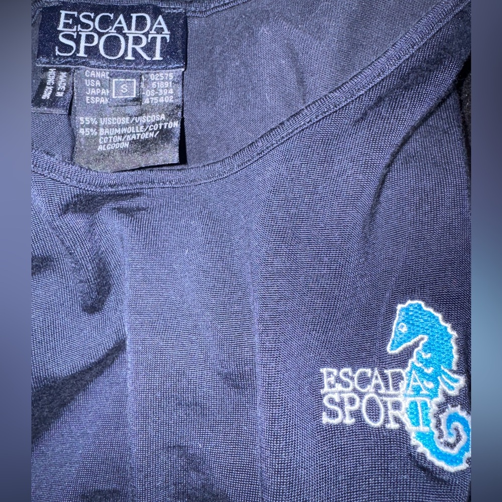 Vintage Escada 💯% Authentic Sport Blue Top with iconic Seahorse Design - Size S